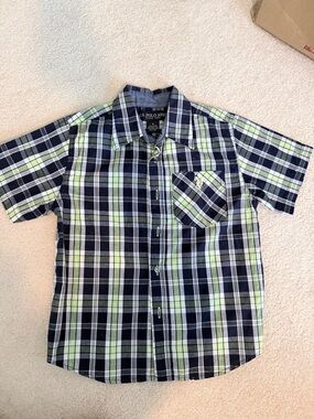 U.S. Polo Assn. Navy and Light Green Plaid Short Sleeve Button-Down